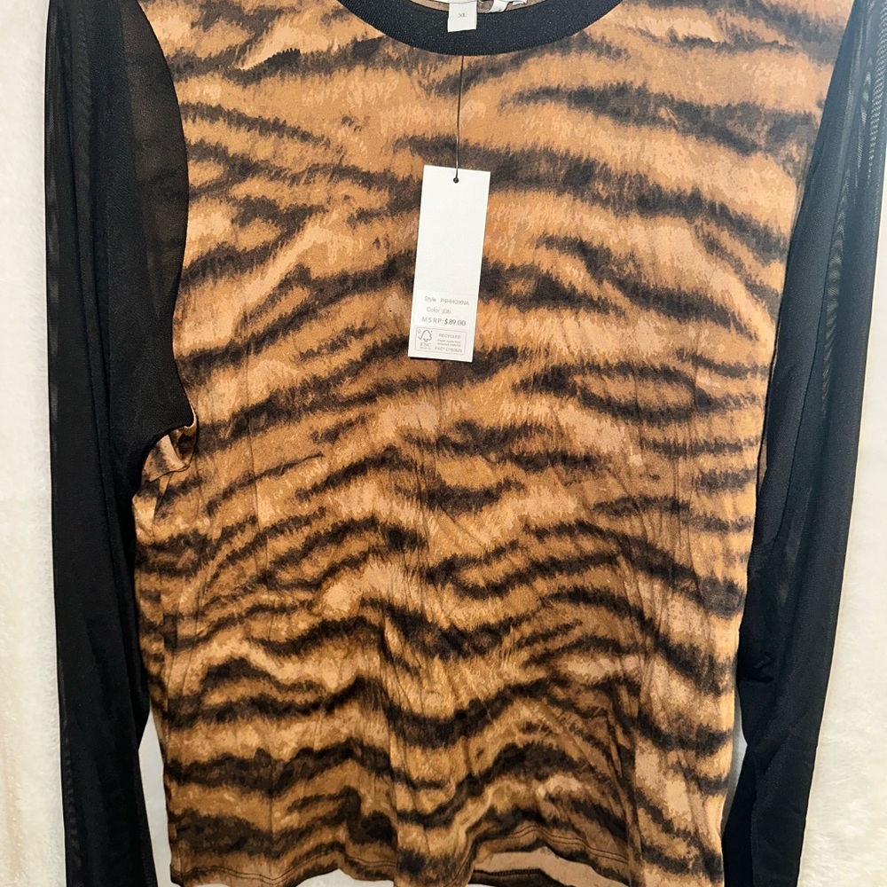 DKNY Tiger Print Long Sleeve Sheer Top